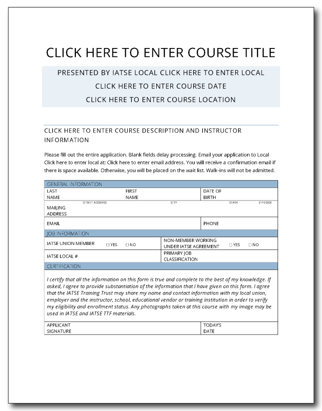 Course registration form template with section for course description.