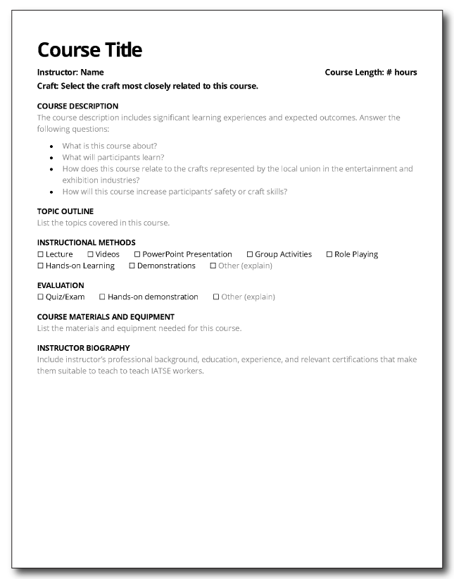 A course description template with sections for course title, instructor name, course length, course description, topics, instructional methods, evaluation, materials, and instructor biography. Placeholder text is included for each section.