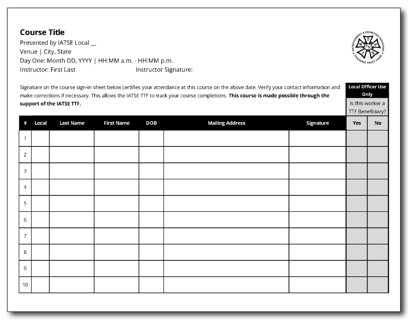 Course attendance sign-in sheet with fields for course title, venue, date, instructor name, and a table for attendee information, including last name, first name, date of birth, mailing address, signature, and TTF beneficiary status.