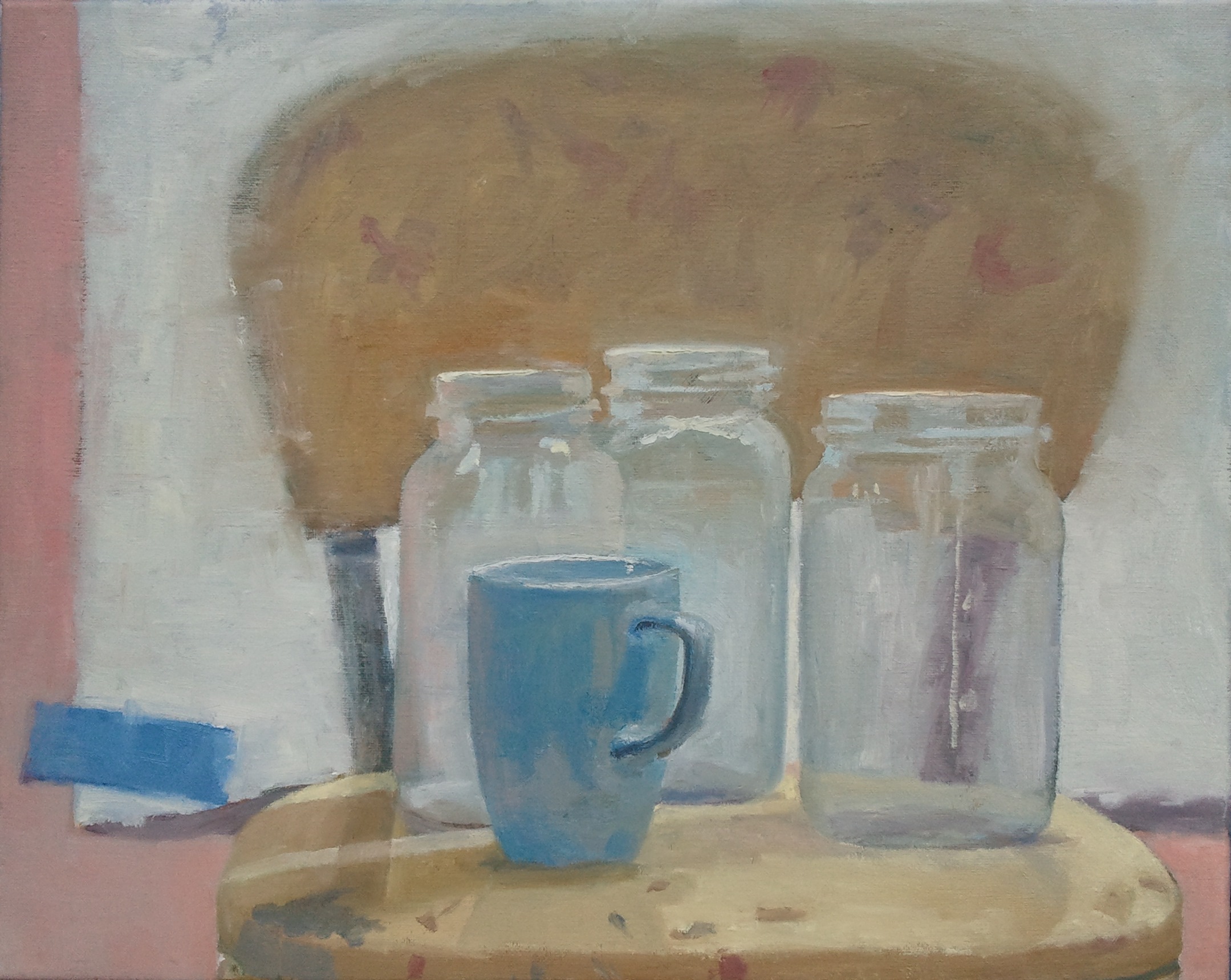  "Still Life with Jars, Mug and Blue Tape," 16"x20", oil on canvas. 