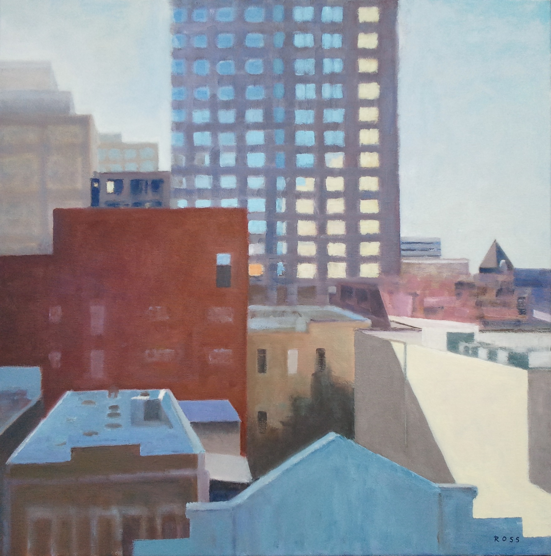  "Morning Rooftops," 30"x30", oil on canvas. 