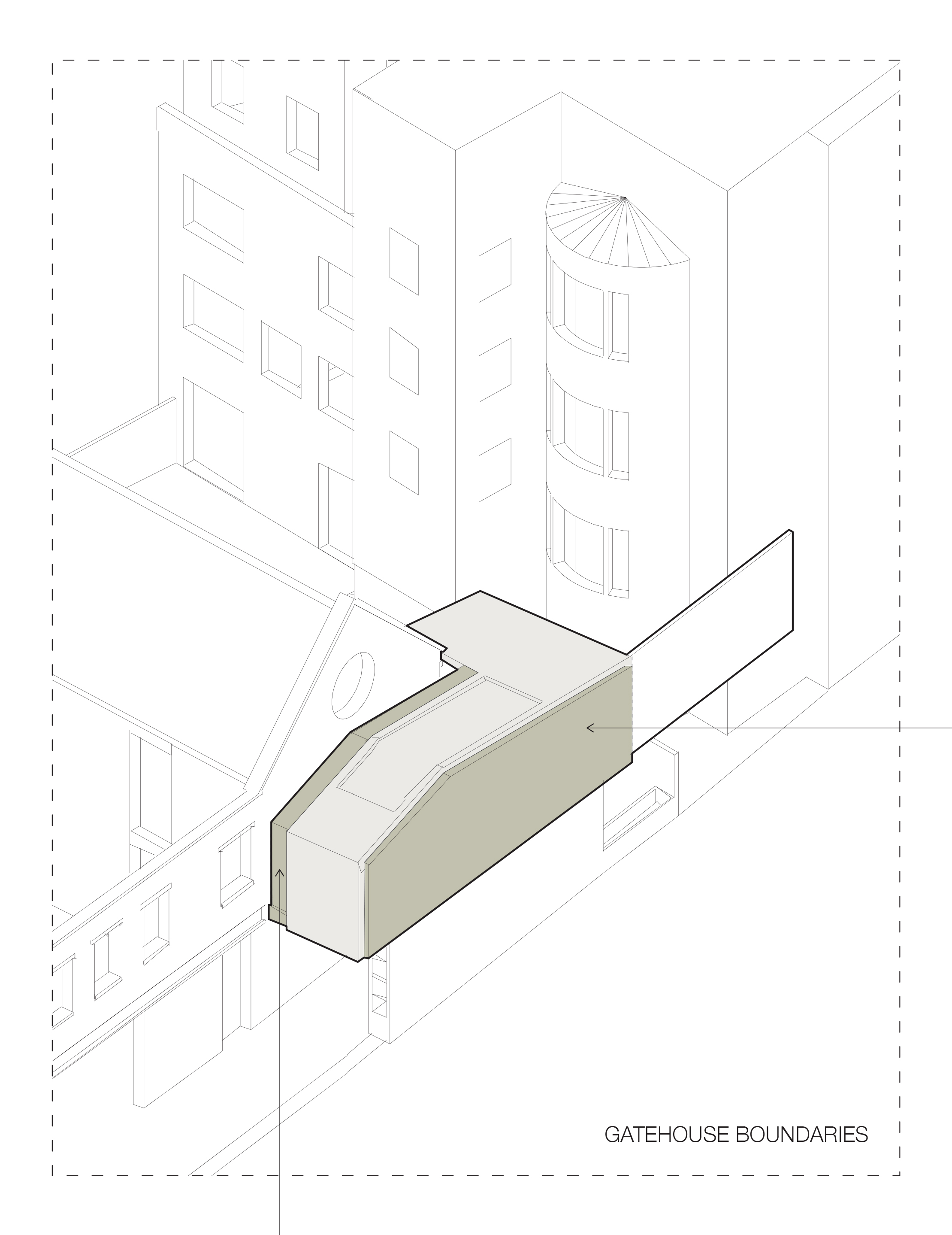 The glazed extension sits between two buildings at first floor level, within a very dense site in East London