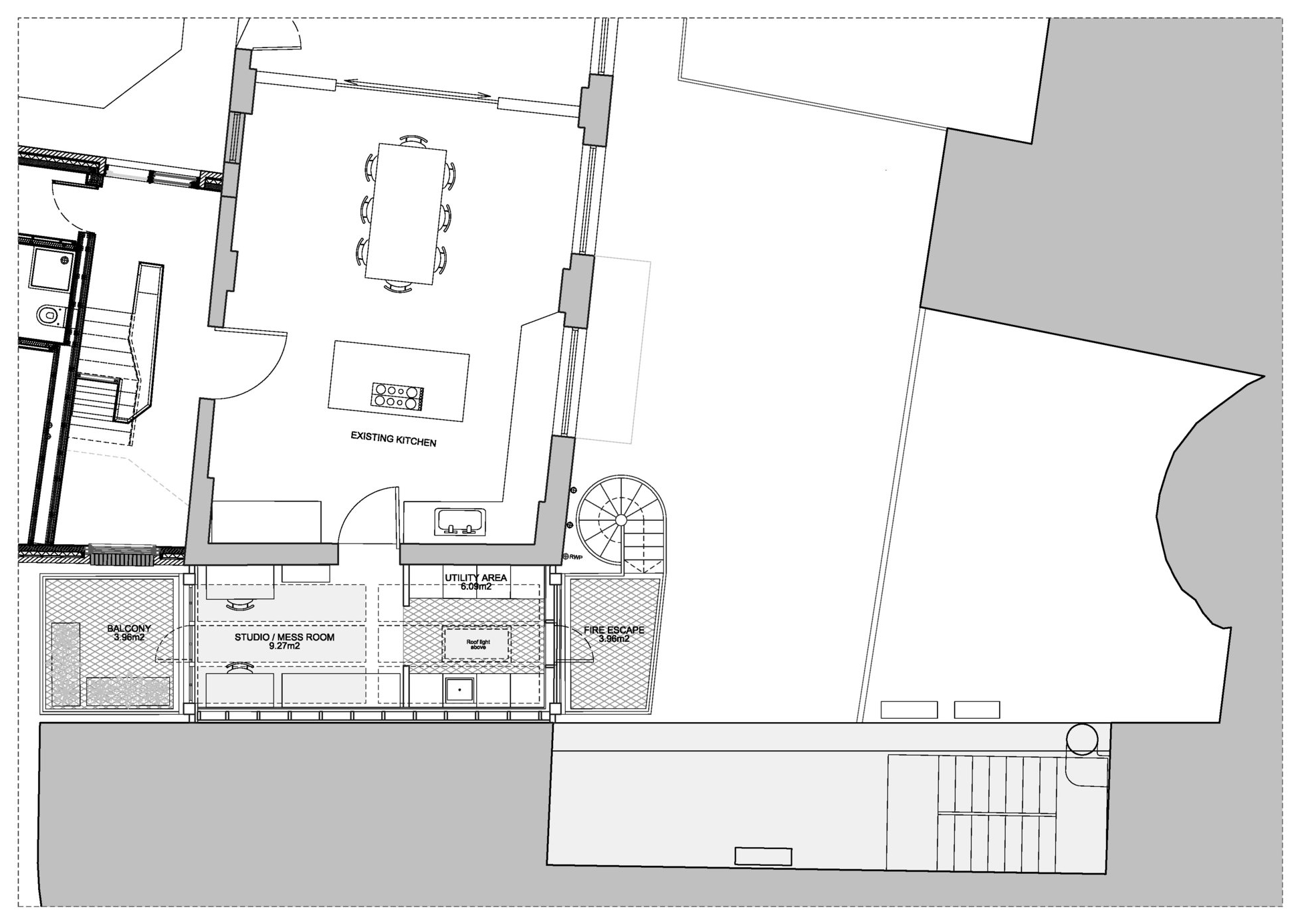 First floor plan showing access from the existing house kitchen