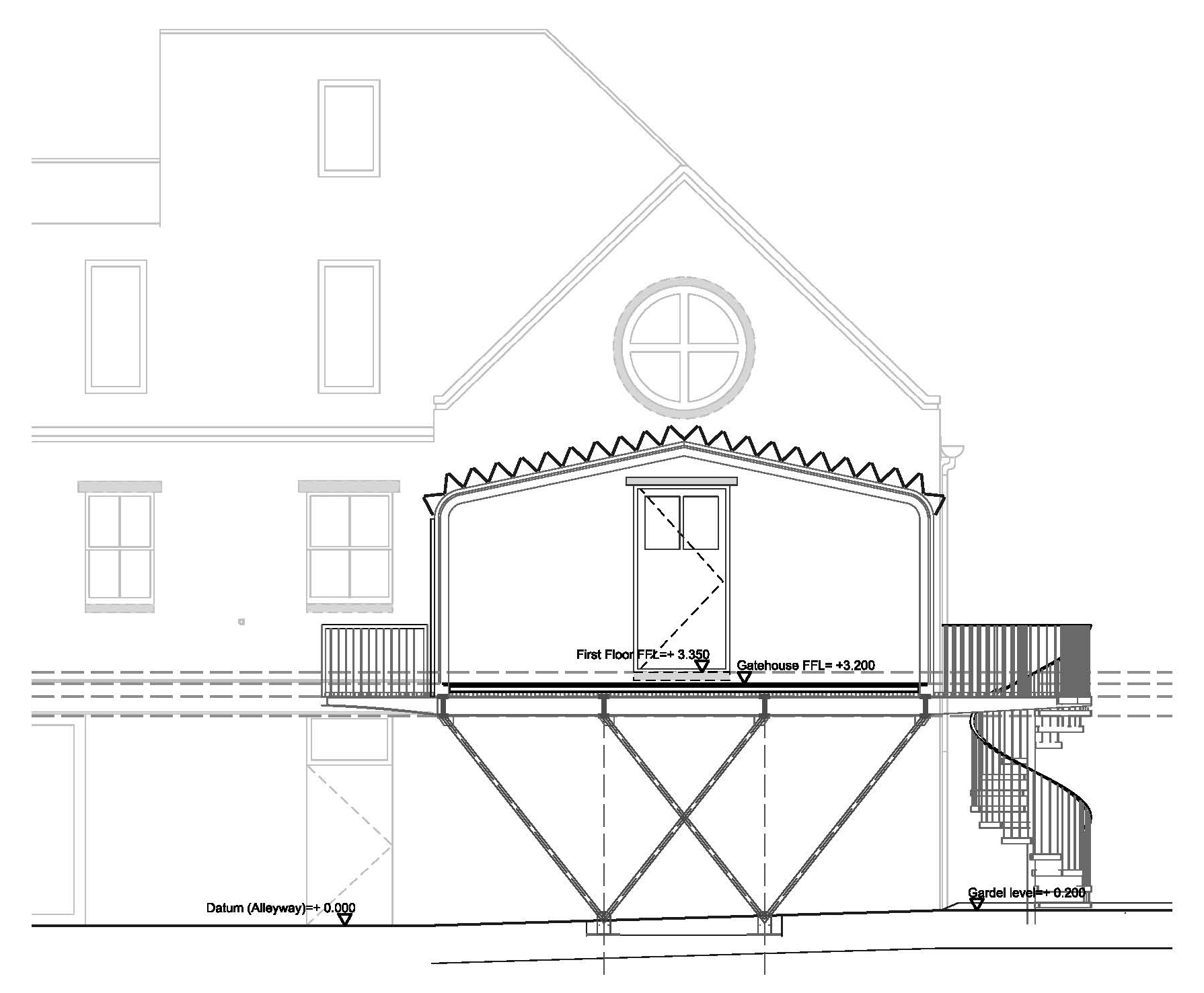Section showing the elevation of the client's house - a renovated Victorian barn