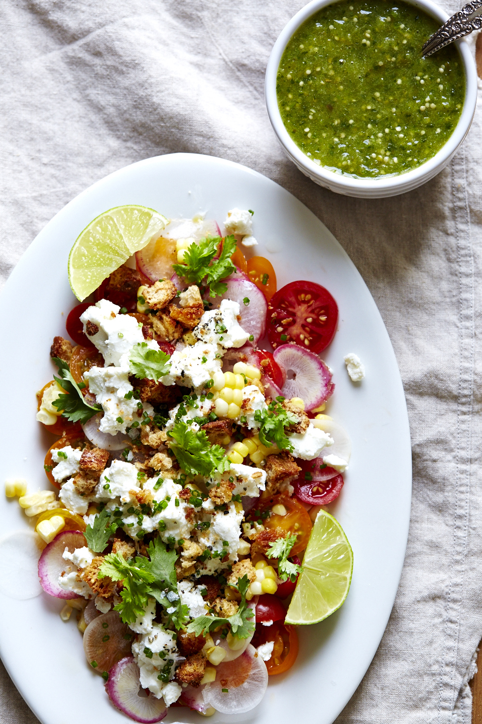 Corn & Heirloom Salad w/ Breadcrumbs & Salsa Verde (GF)