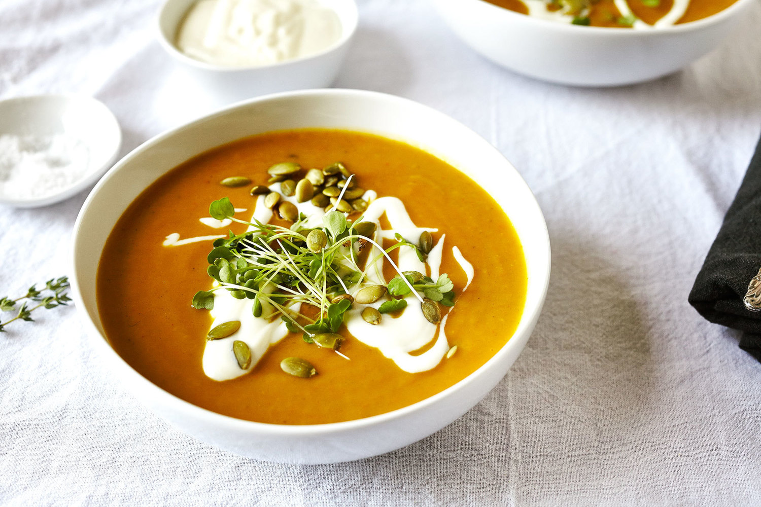 Creamy Coconut Pumpkin Soup with Toasted Pepitas  (GF, V+)