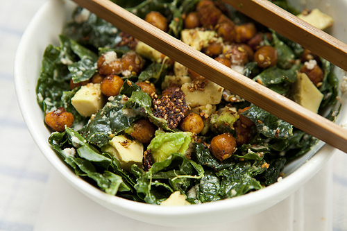 Kale Caesar with Roasted Chickpeas (GF, V+)