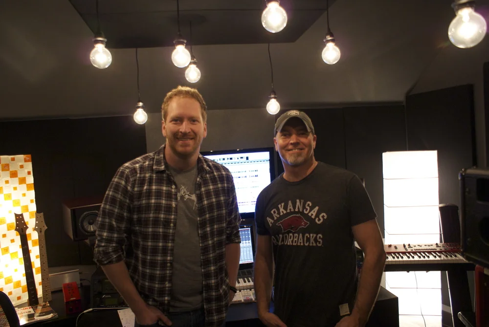 Songwriters Barrett Baber & Kenny Lamb hanging in the control room during the mixing process.