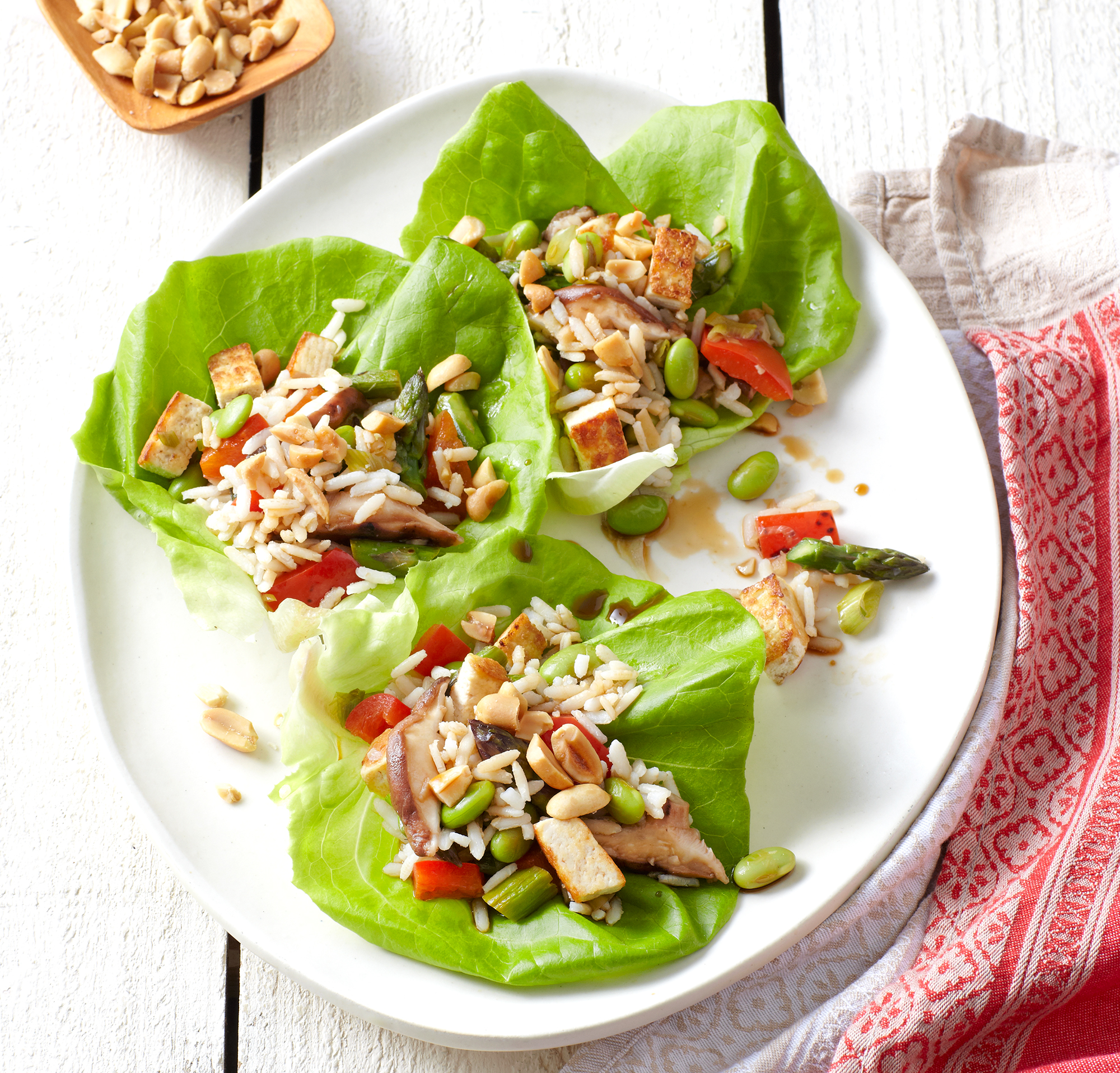 Butter lettuce cups with rice and tofu.