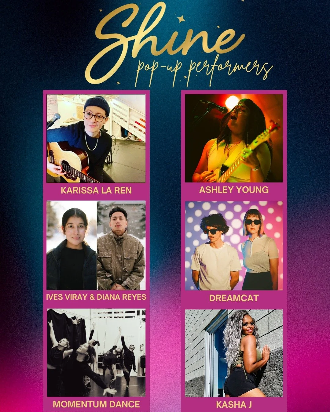 ✨Get ready to be wowed!✨ Shine is two weeks away and we've got some incredible live performances to look forward to: Karissa La Ren, Ashley Young, Diana Reyes & Ives Viray, Dreamcat, Kasha J, and Momentum Dance Collective. They'll be bringing som