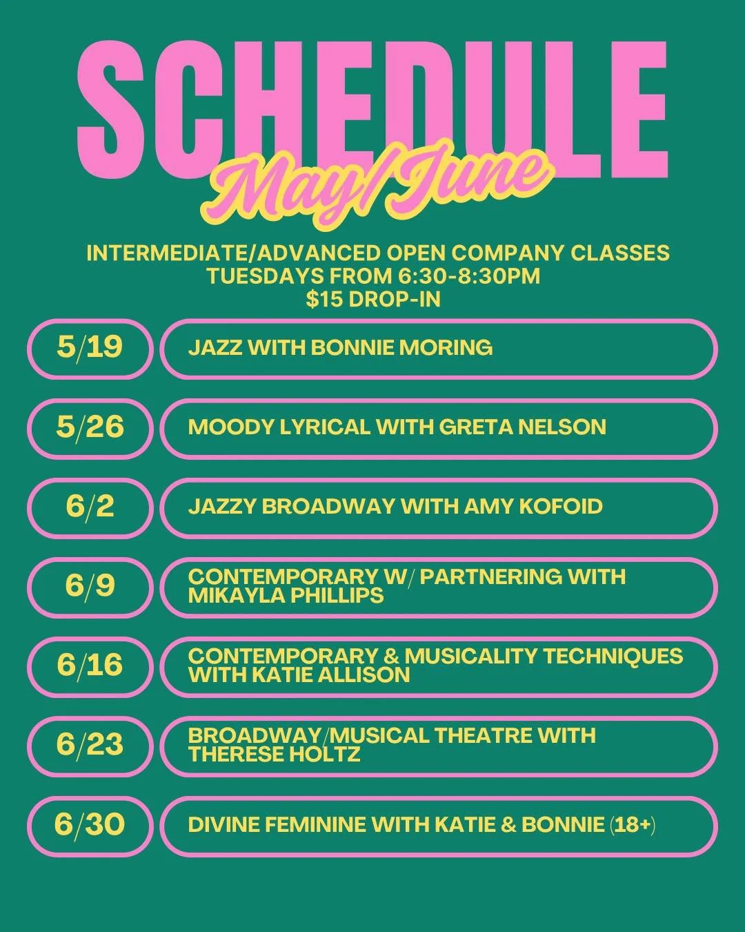 Our summer company class schedule is here and the lineup is so good! ☀️

Join us Tuesdays from 6:30&ndash;8:30pm for a mix of jazz, contemporary, musical theatre, and more with an incredible group of instructors. $15 drop-in, open to the community.


