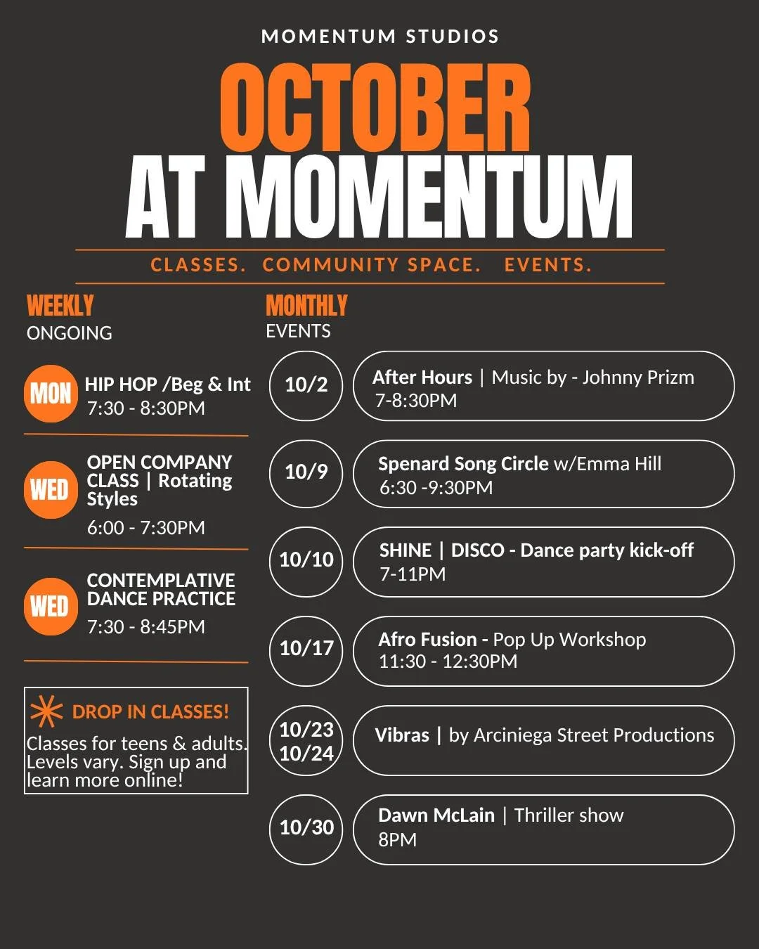🎃 October at Momentum! 🎃

We&rsquo;ve got a packed month of dance and events, including our SHINE Disco party on the 10th. As well as kicking off the month strong with After Hours tonight, featuring music by Johnny Prizm at 7pm 🎸

We're excited to