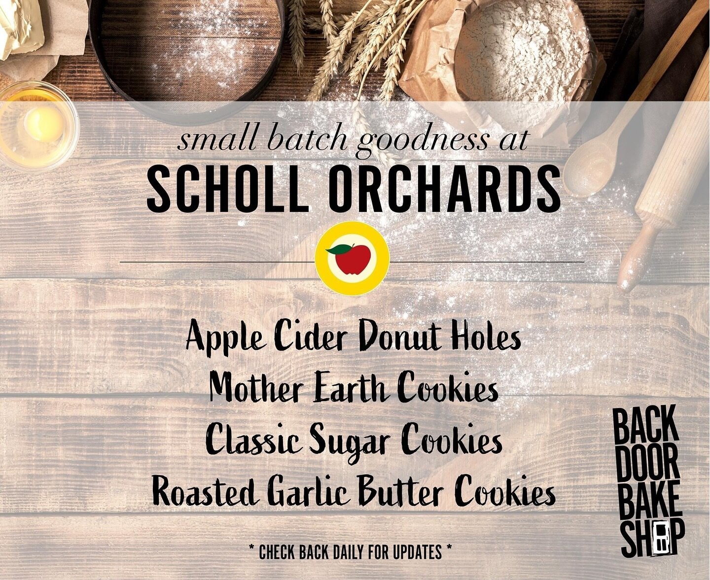 Thu-Sat at @schollorchards 
- Apple Cider Donut Holes
- Mother Earth Cookies
- Classic Sugar Cookies
- Roasted Garlic Butter Cookies