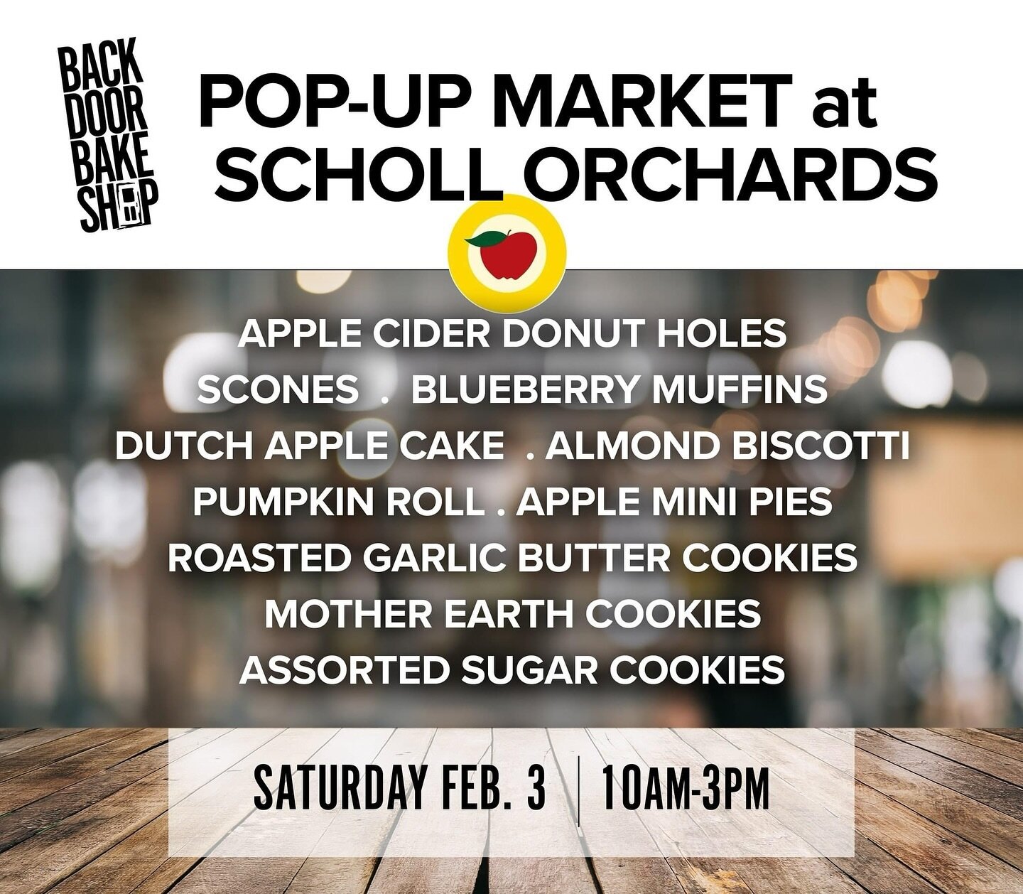 There&rsquo;s good weather in the forecast!

Pop-up Market this Saturday, at @schollorchards 
Apple Cider Donut Holes
Scones
Blueberry Muffins
Dutch Apple Cake 
Almond Biscotti
Pumpkin Roll
Apple Mini Pies
Roasted Garlic Butter Cookies
Mother Earth C