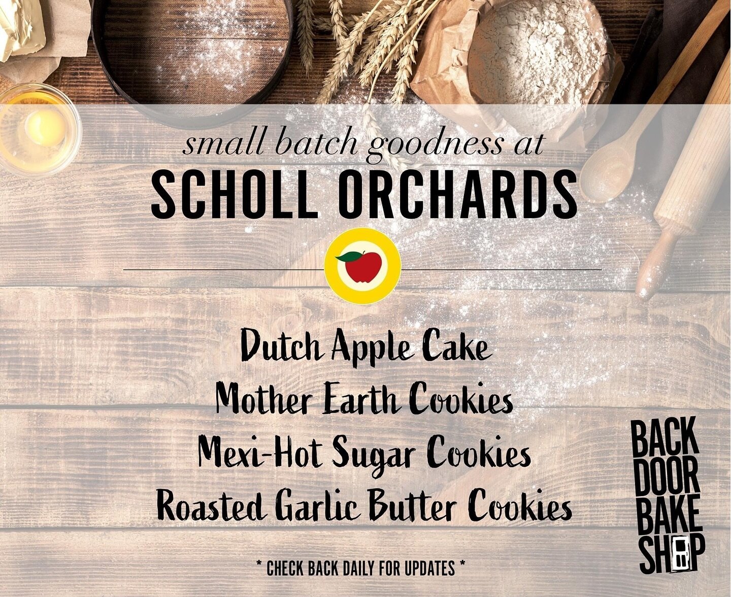 Thu-Sat at @schollorchards 
- Dutch Apple Cake 
- Mother Earth Cookies
- Mexi-Hot Cookies
- Roasted Garlic Butter Cookies