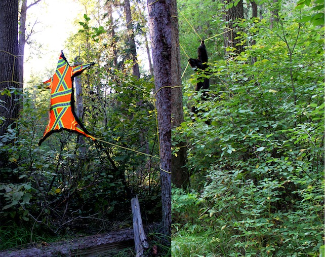  Upholstered Cultural Facets of a Pêhonân (Waiting Place),&nbsp;2013, rope, safety vests, hides and furs:&nbsp;moose, deer, bear, coyote, fox, beaver, skunk, rabbit, muskrat, ermine, squirrel. 