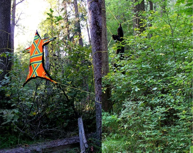 Upholstered Cultural Facets of a Pêhonân (Waiting Place), 2013, rope, safety vests, hides and furs: moose, deer, bear, coyote, fox, beaver, skunk, rabbit, muskrat, ermine, squirrel.