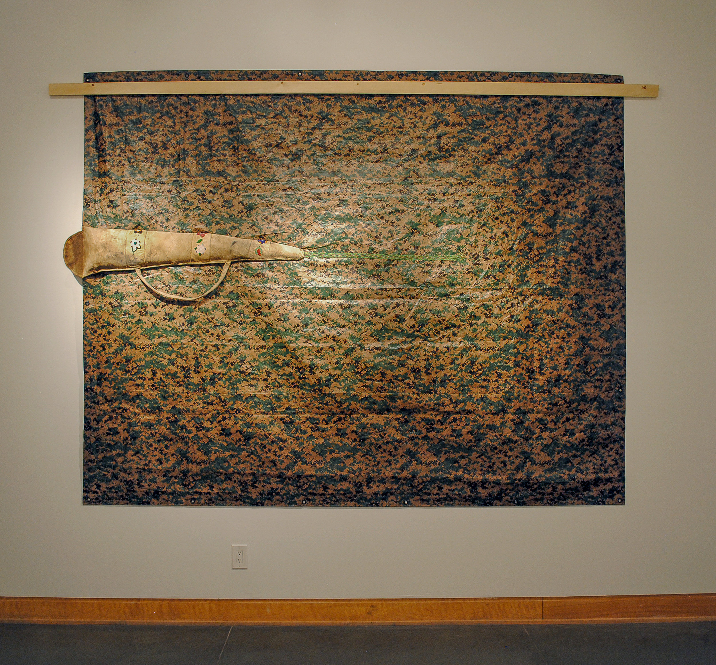  Woodland Camo, tarp, wood, inherited object (gun case), beadwork, 90" x 110", 2017 