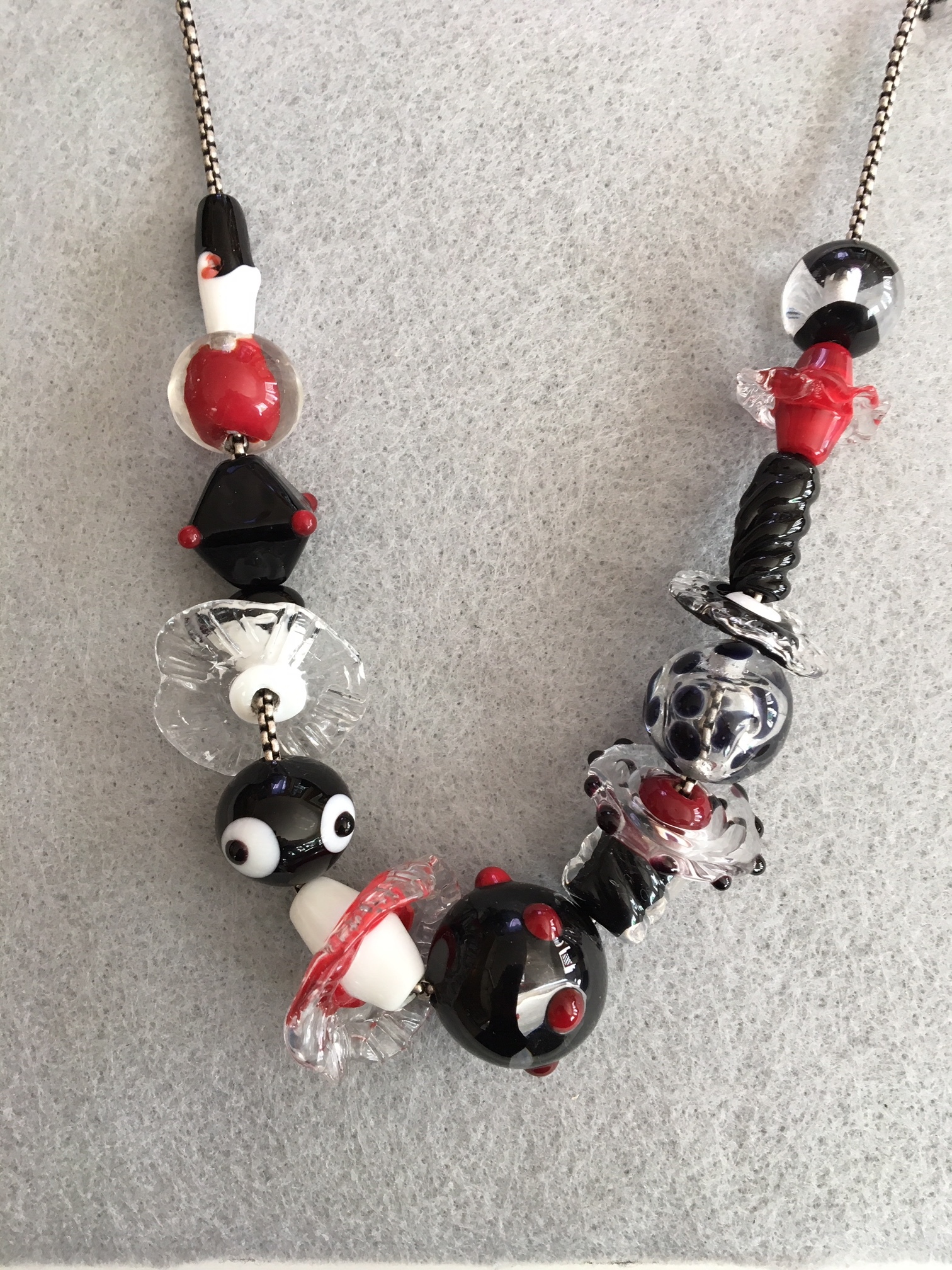 Handmade Glass Necklace, Red and Black, 24”, Silver Plate Chain, Sterling Clasp