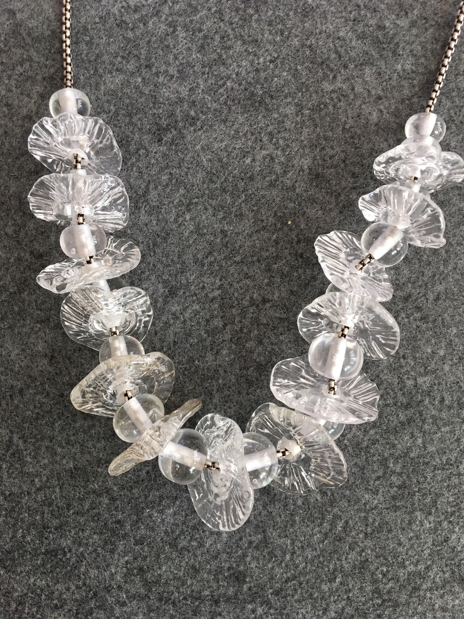 Handmade Glass Necklace, Crystal Ruffles, 22”, Silver Plate Chain, Sterling Clasp