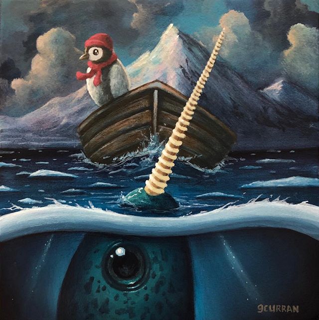 New piece &ldquo;Gnarly Narwhal and the Prosperous Penguin&rdquo; for @galleries1988 &ldquo;Animal Kingdom show. 5x5 inches, Acrylic on panel. #grahamcurran #gallery1988 #animalkingdom