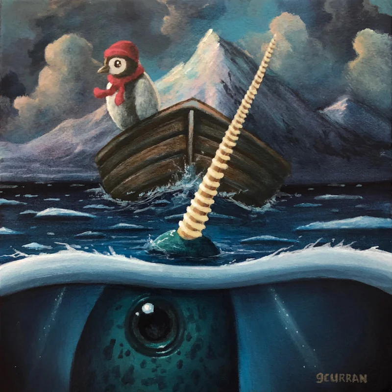 Gnarly Narwhal and the Prosperous Penguin 5 x 5 inches Acrylic on wood 2017