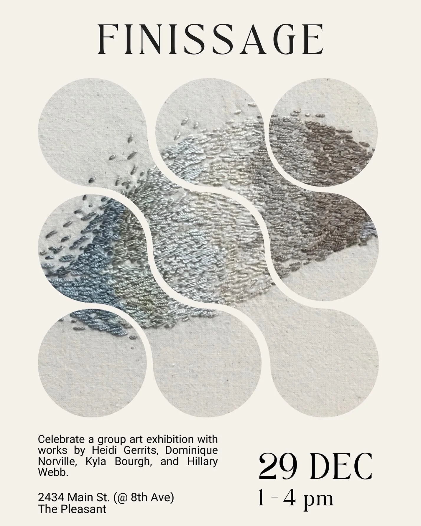 The first post had the wrong date! This is happening tomorrow, Sunday December 29th, 1-4pm.  Nearly every single one of my embroidery pieces has been on display in the gallery at @thepleasantyvr since October. This work was lovingly and carefully pla