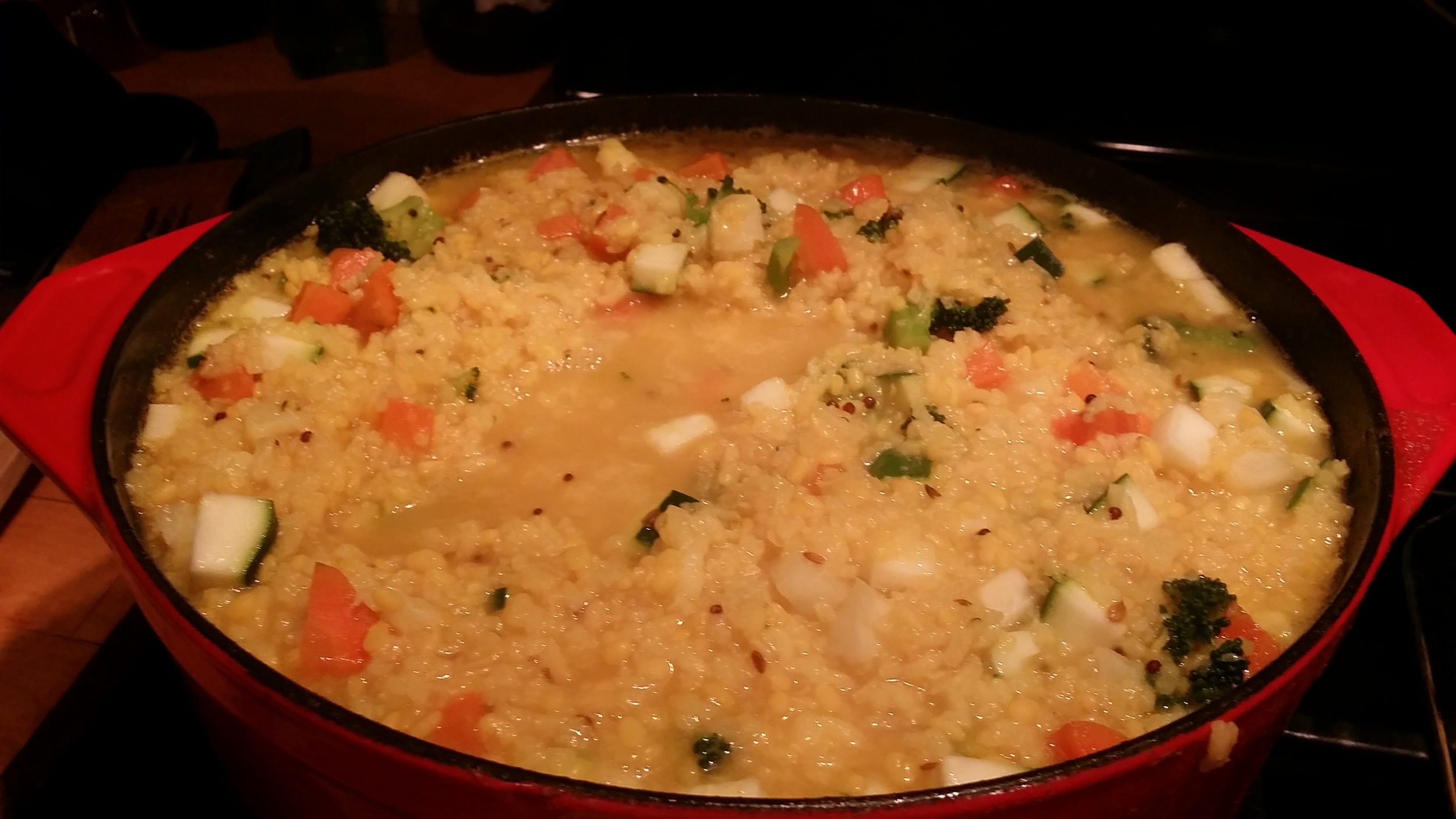 kitchari with zucchini, broccoli, cauliflower and carrots