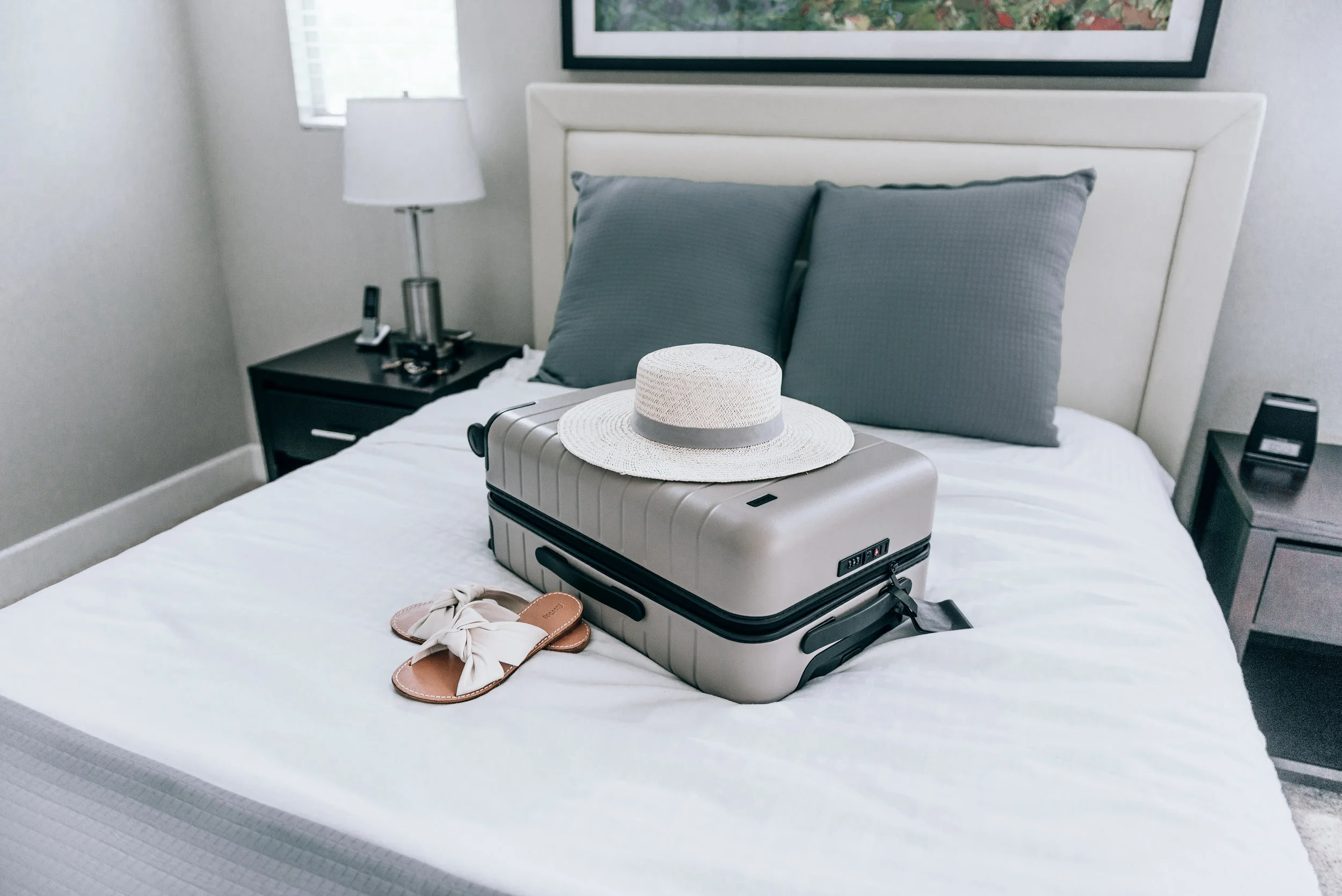 Luggage | Away ( Get $20 OFF by clicking here! ); Hat | Hat Attack ; Sandals | Soludos
