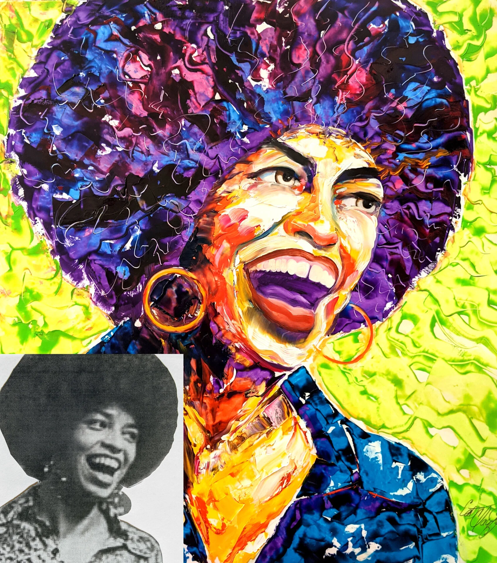 Commission Example: Angela Davis; This is an example of my PALETTE KNIFE style in oil.