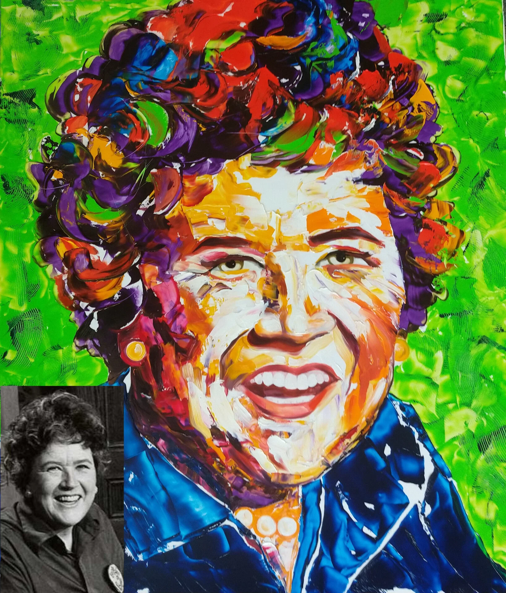 Commission Example: Julia Child; This is an example of my PALETTE KNIFE style in oil.