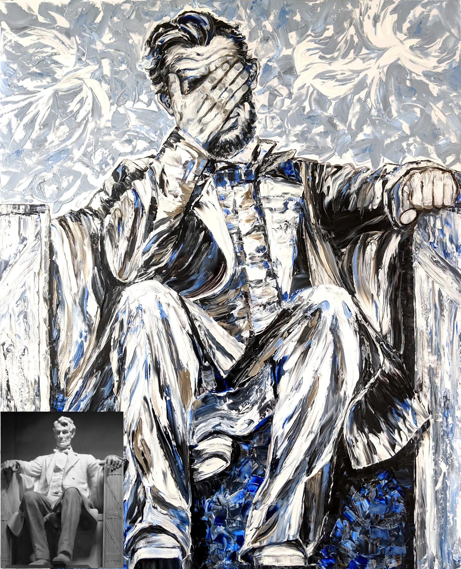 Commission Example: LINCOLN: Infamy, Jan. 5, 2021; This is an example of my PALETTE KNIFE style in oil.