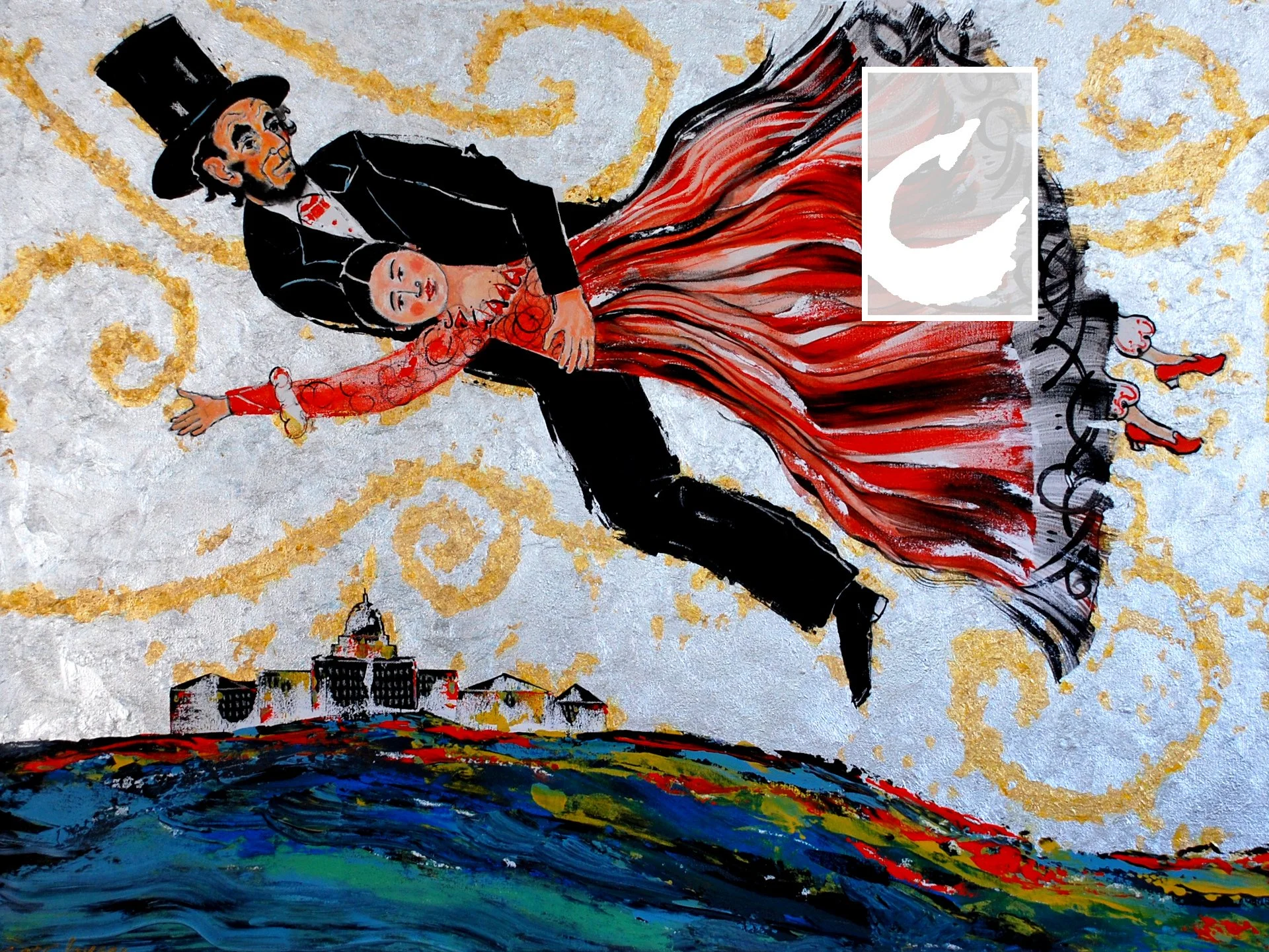    LINCOLN meets Chagall   is in progress. Check back to see finished piece, which incorporates acrylic paint and silver and gold leaf. 