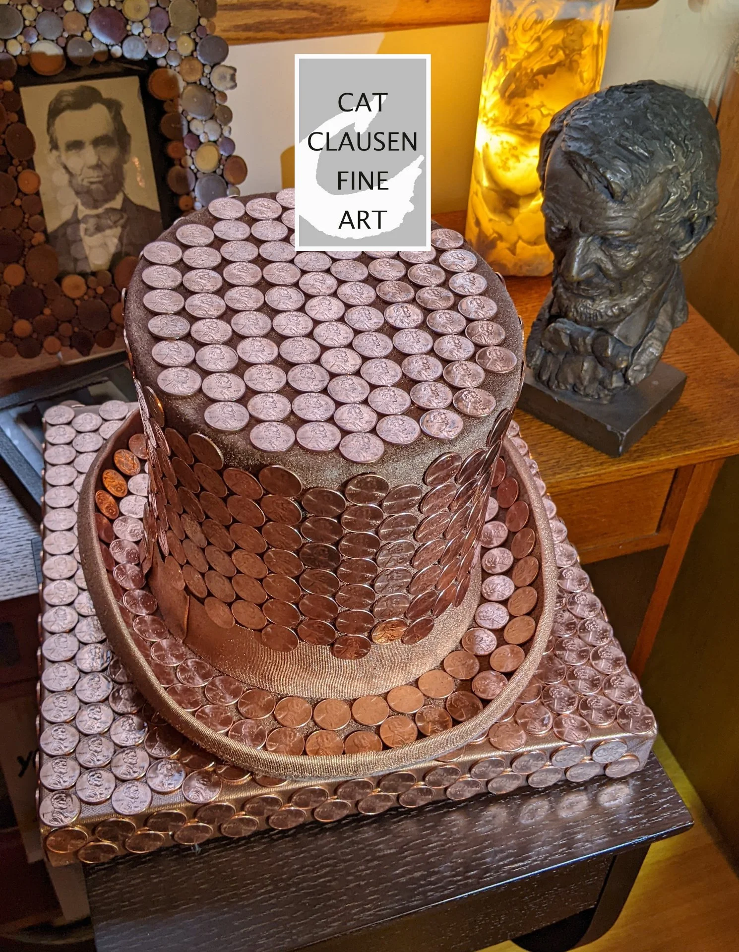 Copper Top Hat, "A Penny For Your Thoughts." This art piece may be hung on a wall or placed on a table.