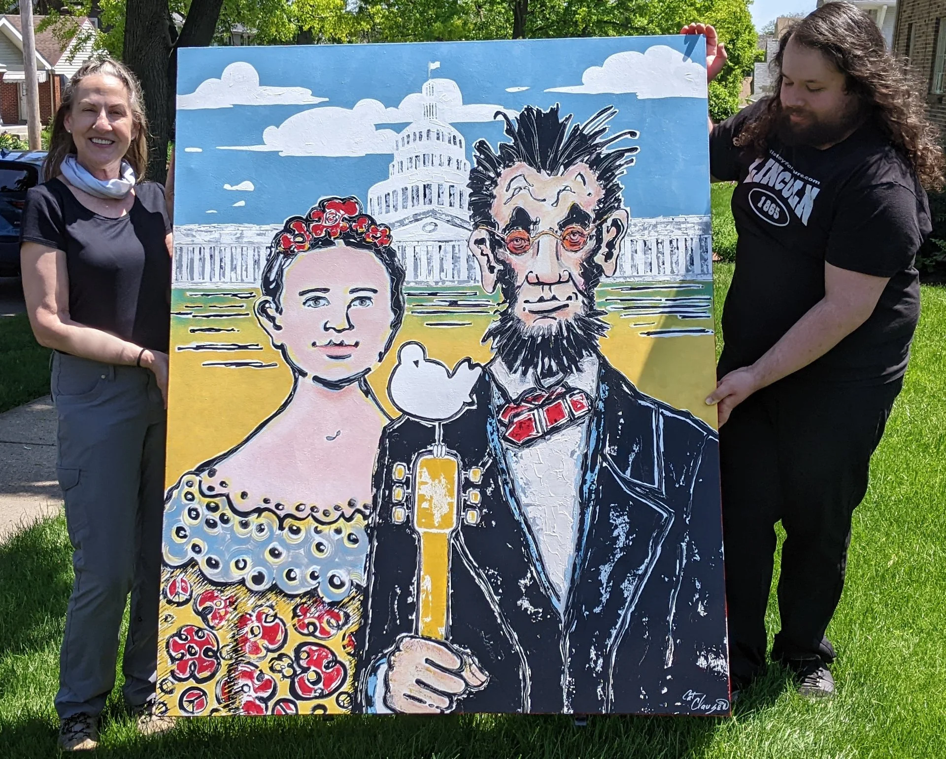 Samuel and me with "LINCOLN: Wood and Woodstock." This art piece has a wonderful new home in OH.