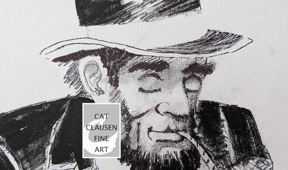 Above is a detailed image of a work in acrylic on gallery wrapped canvas. The artwork is untitled. This is day one of my progress, 6/7/22. So far I have added black paint to the white canvas.