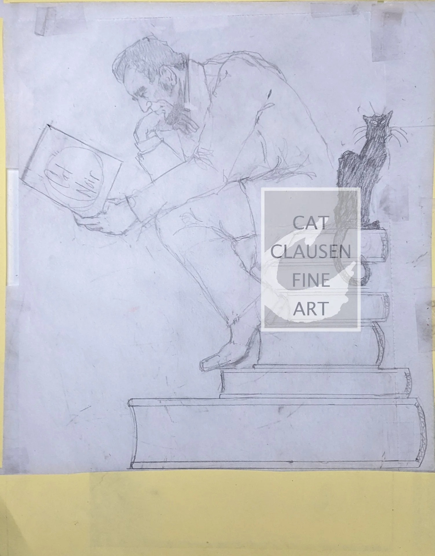 Theophile Steinlen (1859-1923) created the famous Chat Noir Poster. Auguste Rodin (1840 -1917) created THE THINKER.  I used these two artworks in my homage piece