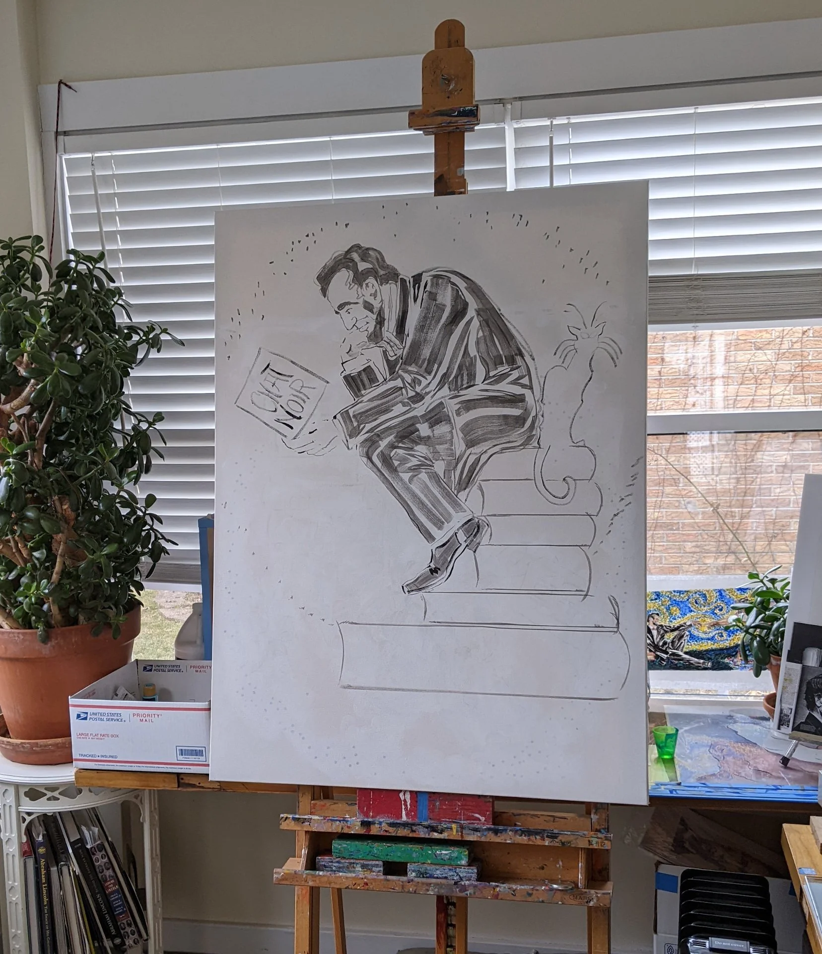 Theophile Steinlen (1859-1923) created the famous Chat Noir Poster. Auguste Rodin (1840 -1917) created THE THINKER.  I used these two artworks in my homage piece