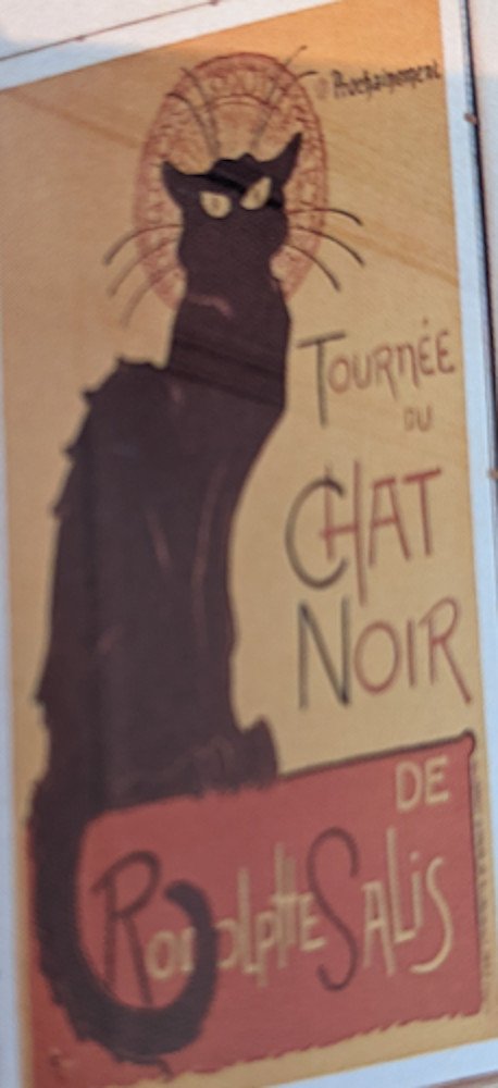 Theophile Steinlen (1859-1923) created the famous Chat Noir Poster. Auguste Rodin (1840 -1917) created THE THINKER.  I used these two artworks in my homage piece.
