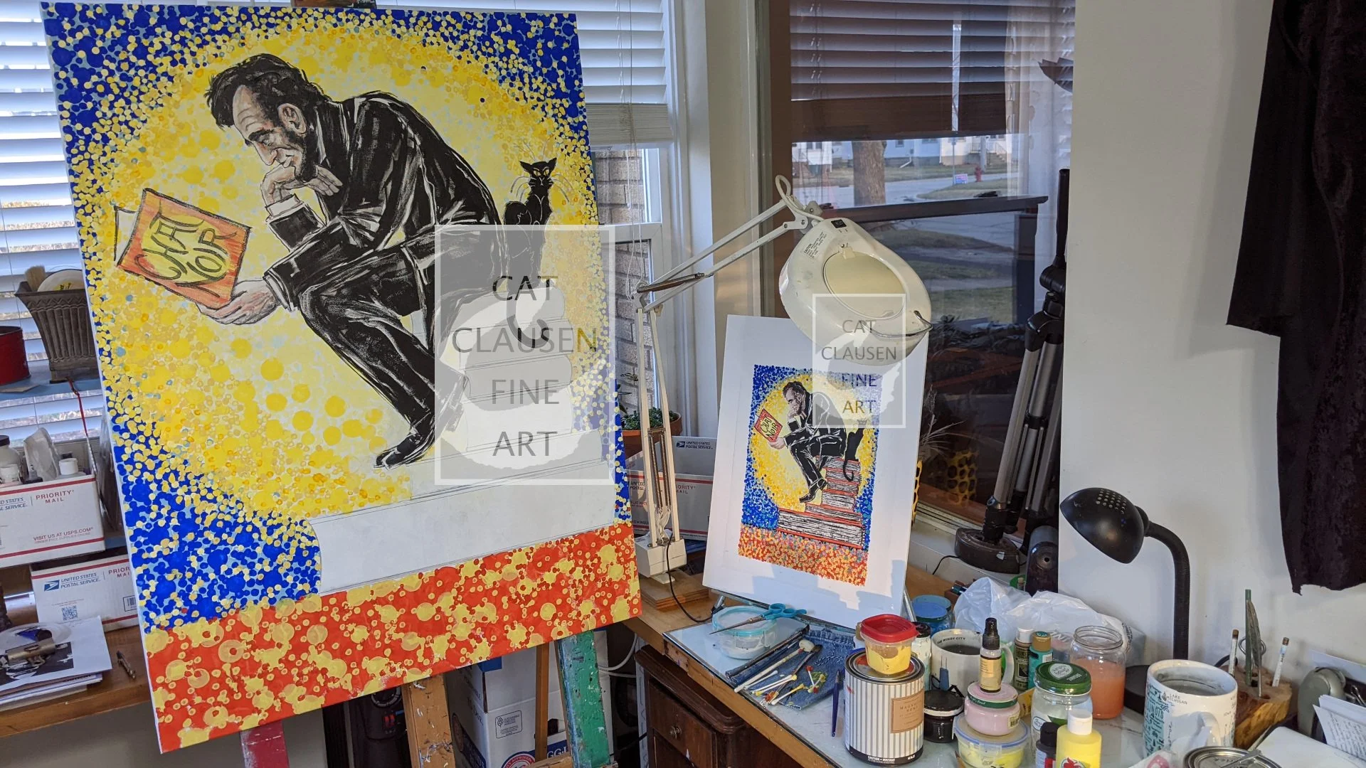 Theophile Steinlen (1859-1923) created the famous Chat Noir Poster. Auguste Rodin (1840 -1917) created THE THINKER.  I used these two artworks in my homage piece