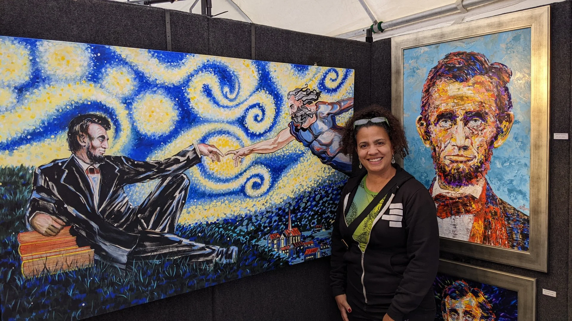 Finished painting hanging in my booth in Arlington, Virginia, next to a friend.