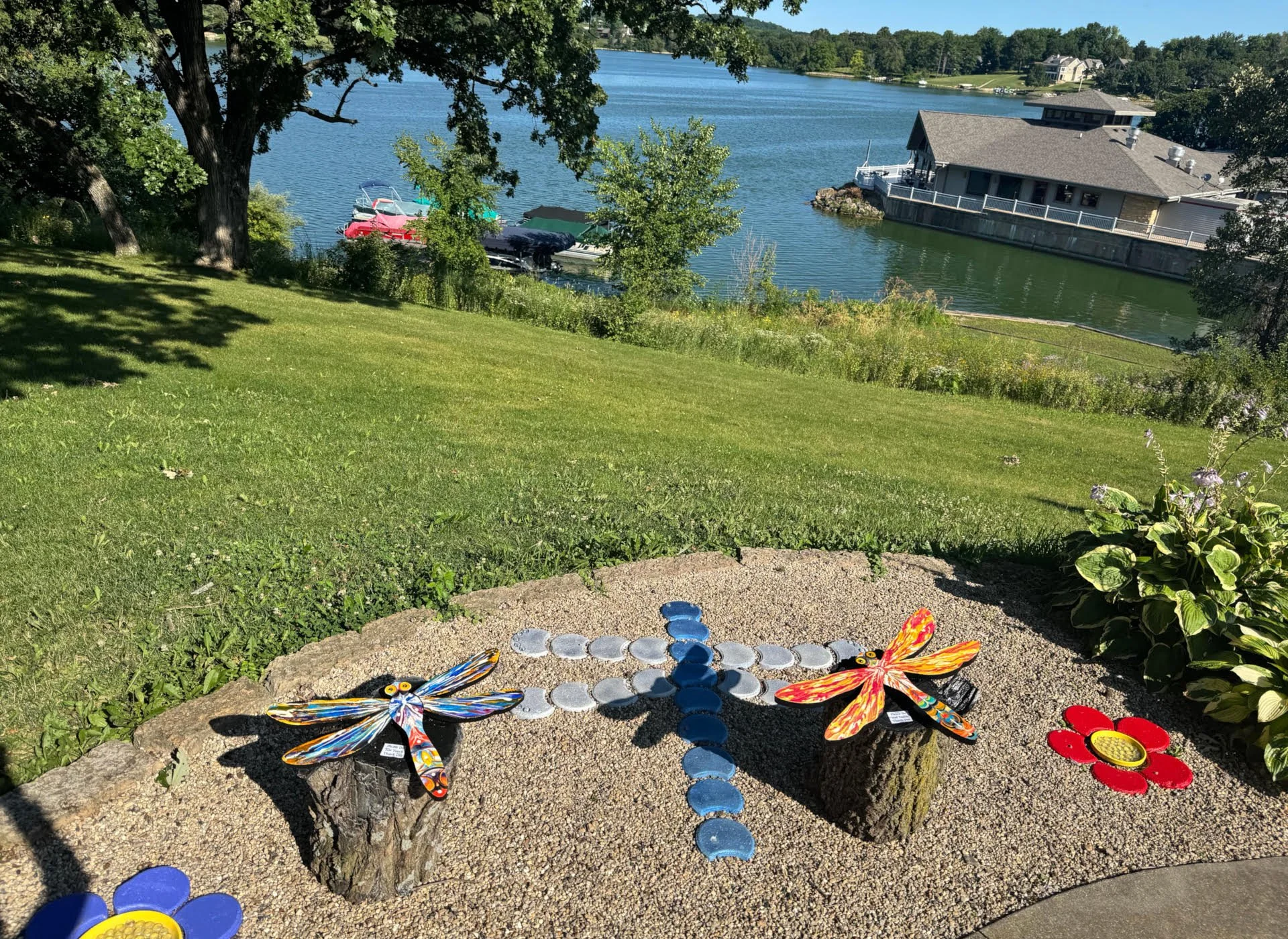 Two painted public art creations at the Apple Canyon Lake, IL Children's Garden.