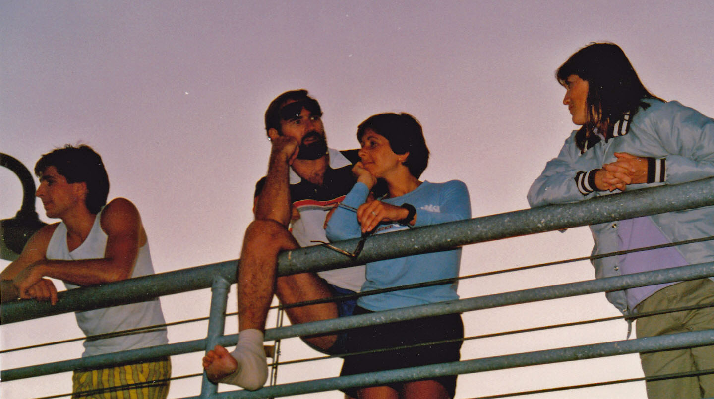 Ron Gregg, one crutch under an arm as he rested his wrapped foot over a railing at a Wallick family picnic, summer 1986.