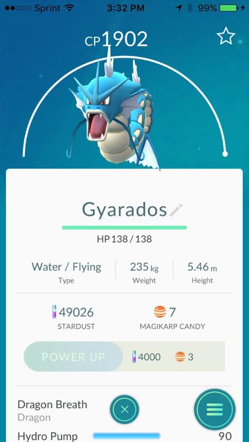 This is Gyarados. In order to get this guy you need 400 Magicarp candies. We spent about a total of 6 and a half hours at Swan Lake in Tulsa catching these Magicarps to evolve it for Aki. Good luck on your quest to get this Pokemon. Photo by Alameda Bail Bonds in Tulsa.