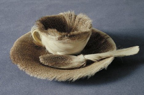 An art piece by Meret Oppenheim: a teacup, sacuer, and spoon evocatively wrapped in animal fur