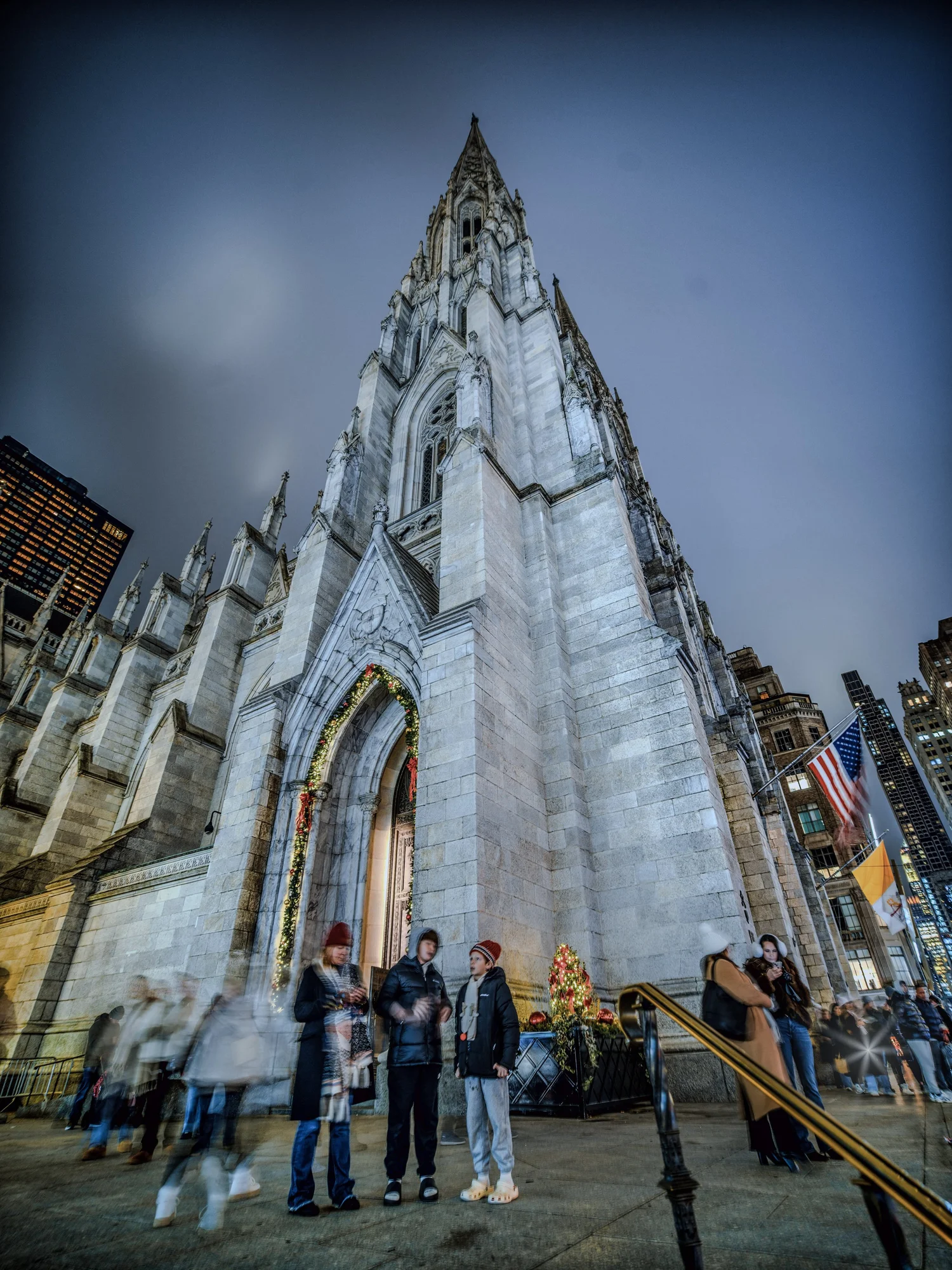 St. Patrick’s Cathedral decorated with garland at night