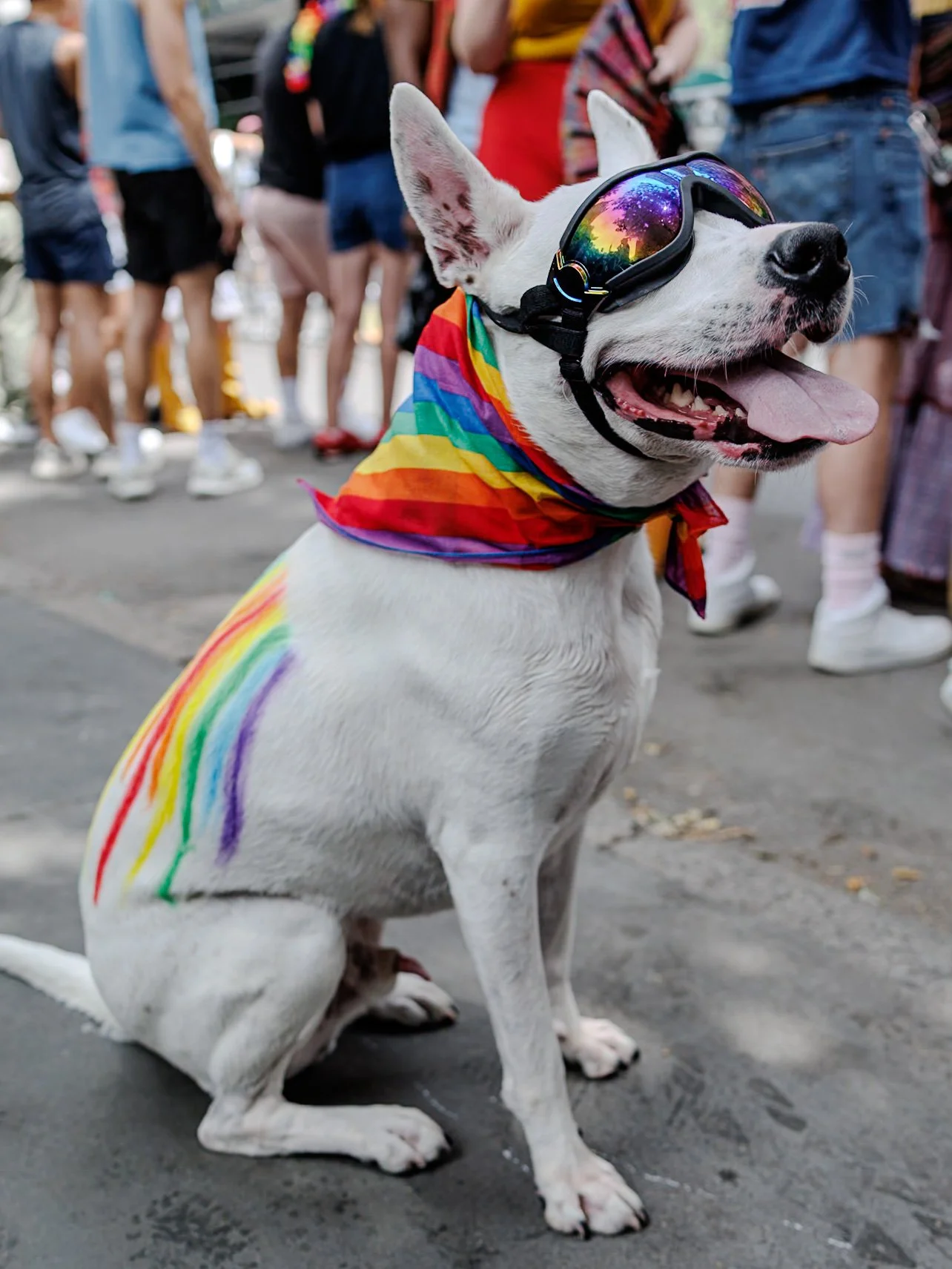 Dog in a rainbow scarf and sunglasses on the street