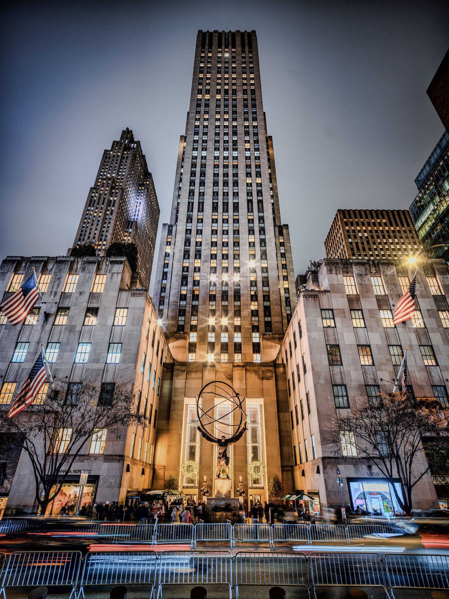 The Atlas statue and Rockefeller Center lit for Christmas