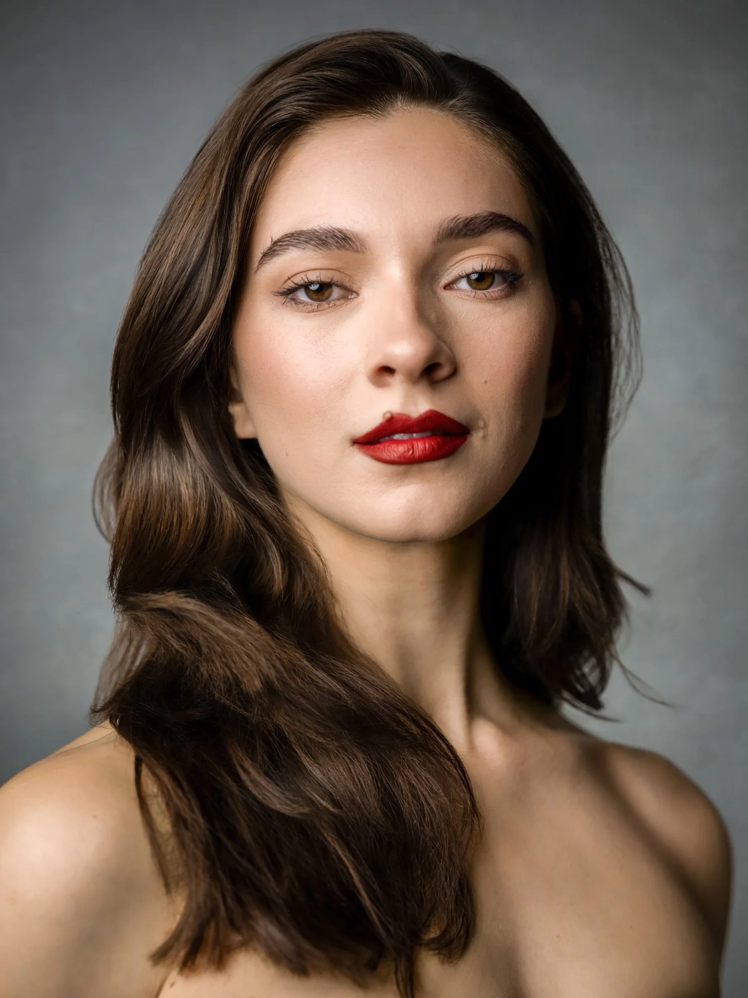 Woman with long brown hair and red lipstick, bare shoulders, gray backdrop