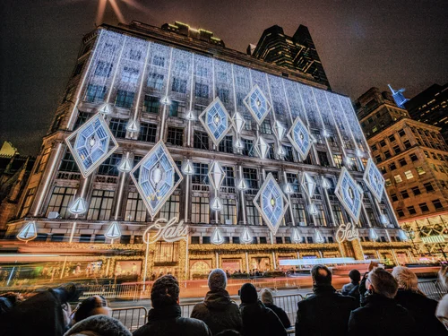 Saks Fifth Avenue holiday light show with giant glowing diamonds